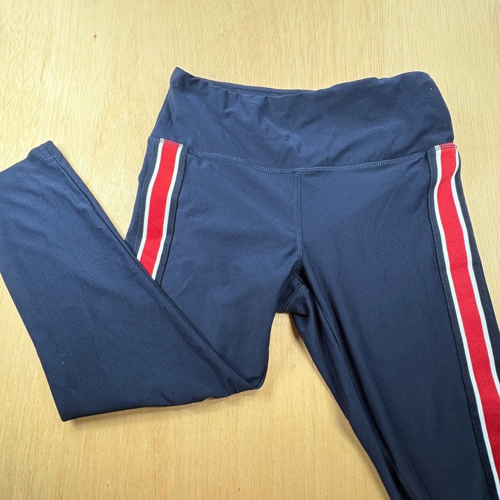 Vogo Athletica Womens Navy Blue Red White Stripe Capri Leggings Size S RN138065